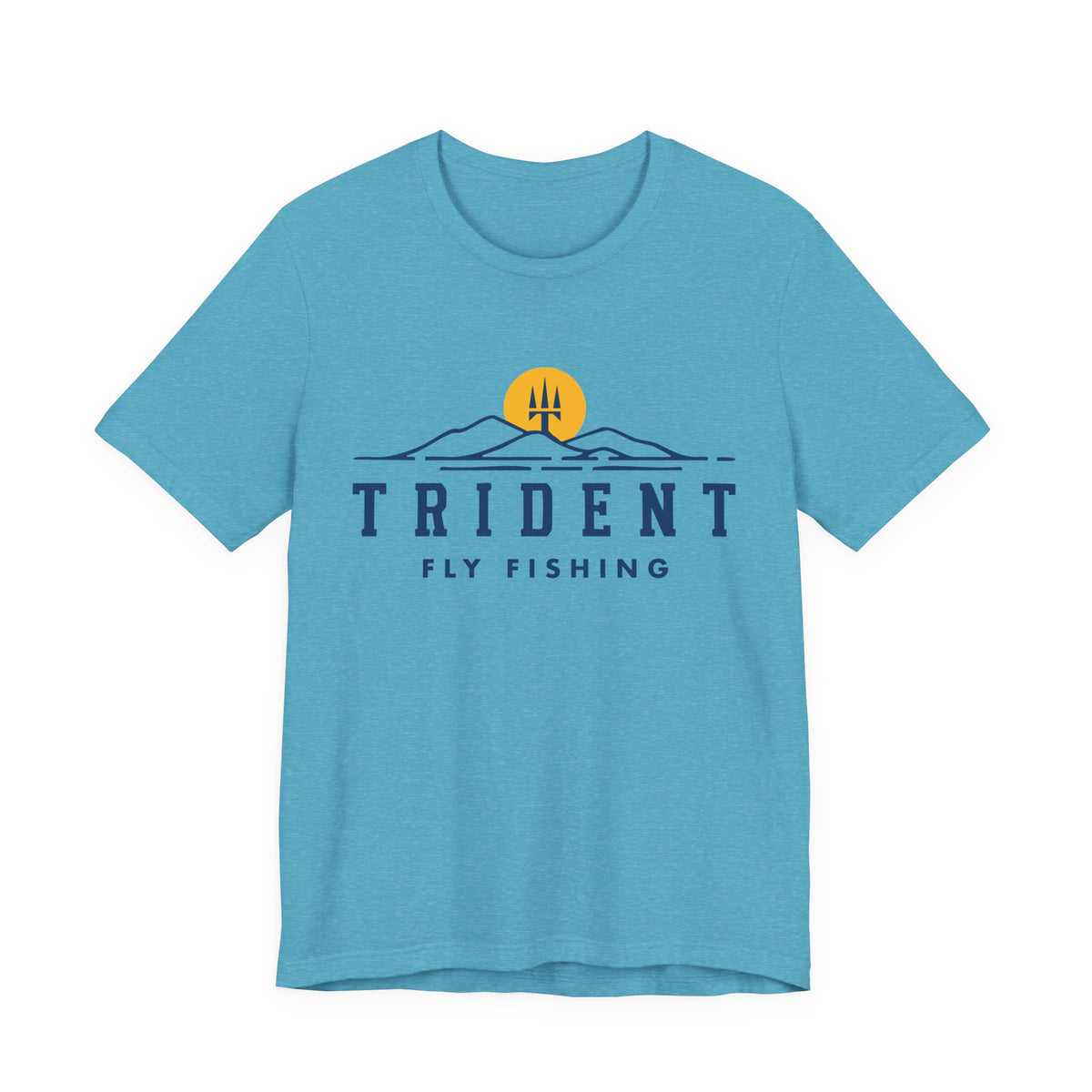 Aqua heather short-sleeve Trident Fly Fishing t-shirt with navy mountain sunrise graphic and trident logo, crew neck