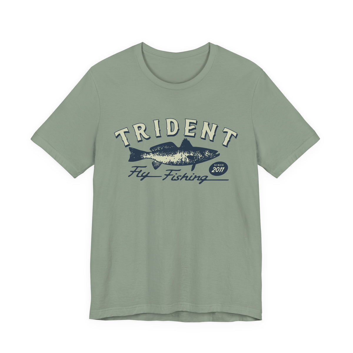 Sage green Trident Fly Fishing t-shirt with cream arched logo, navy redfish graphic, and "Since 2011" badge