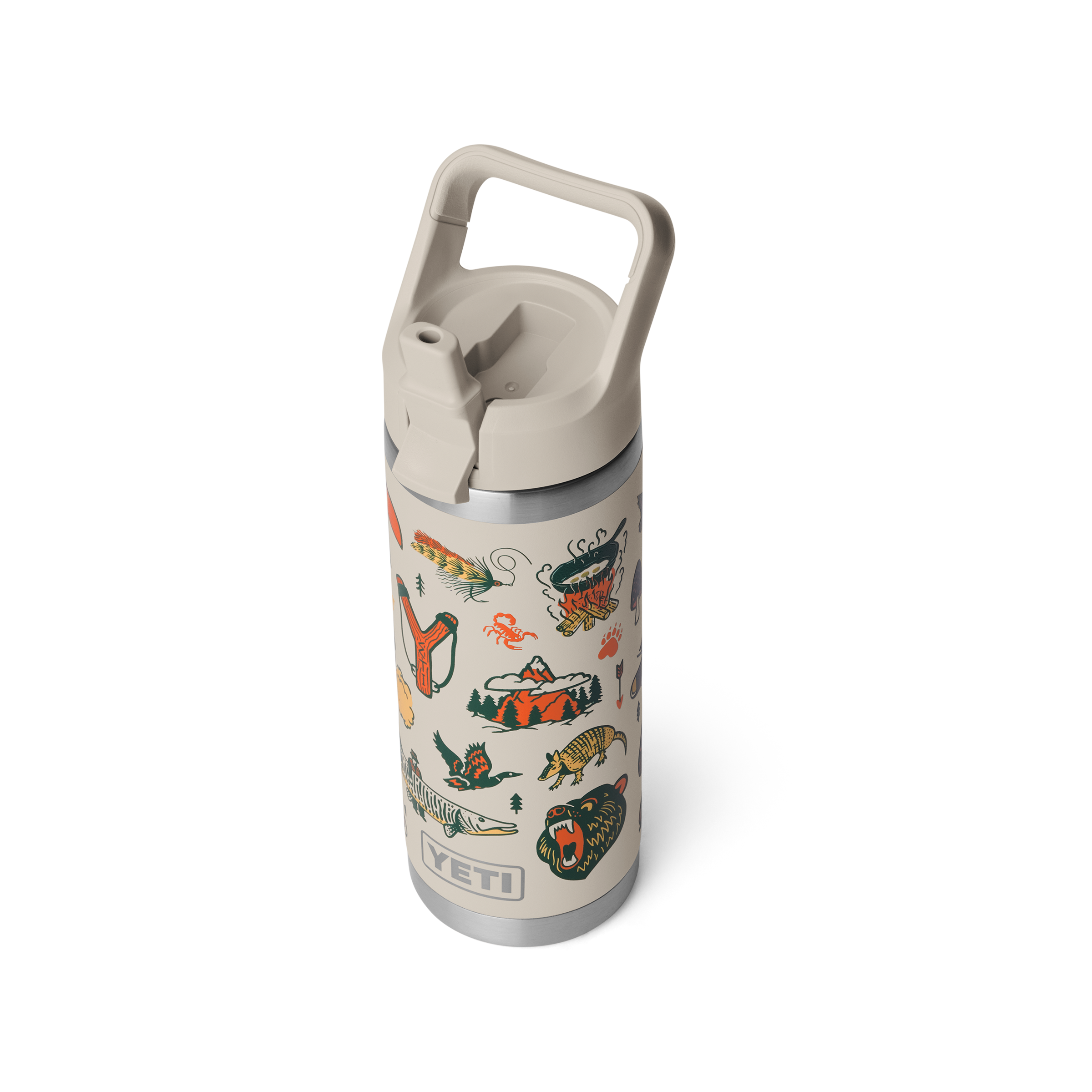 YETI Rambler 18 oz Water Bottle with Straw Cap in Cape Summer Camp, three quarter view with the cap open