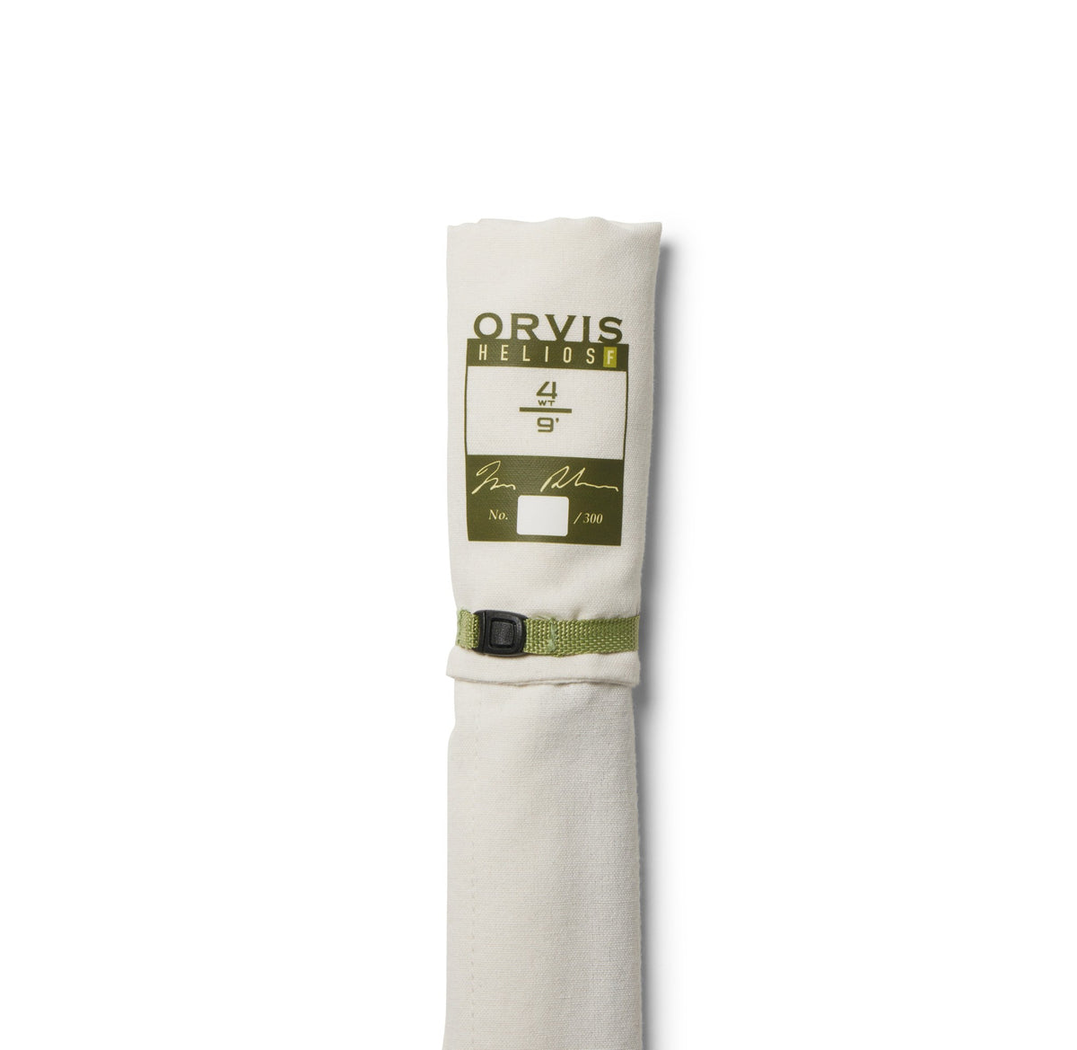 Rolled canvas rod sack with the numbered Helios F 4wt 9ft Rosenbauer Edition label, one of 300