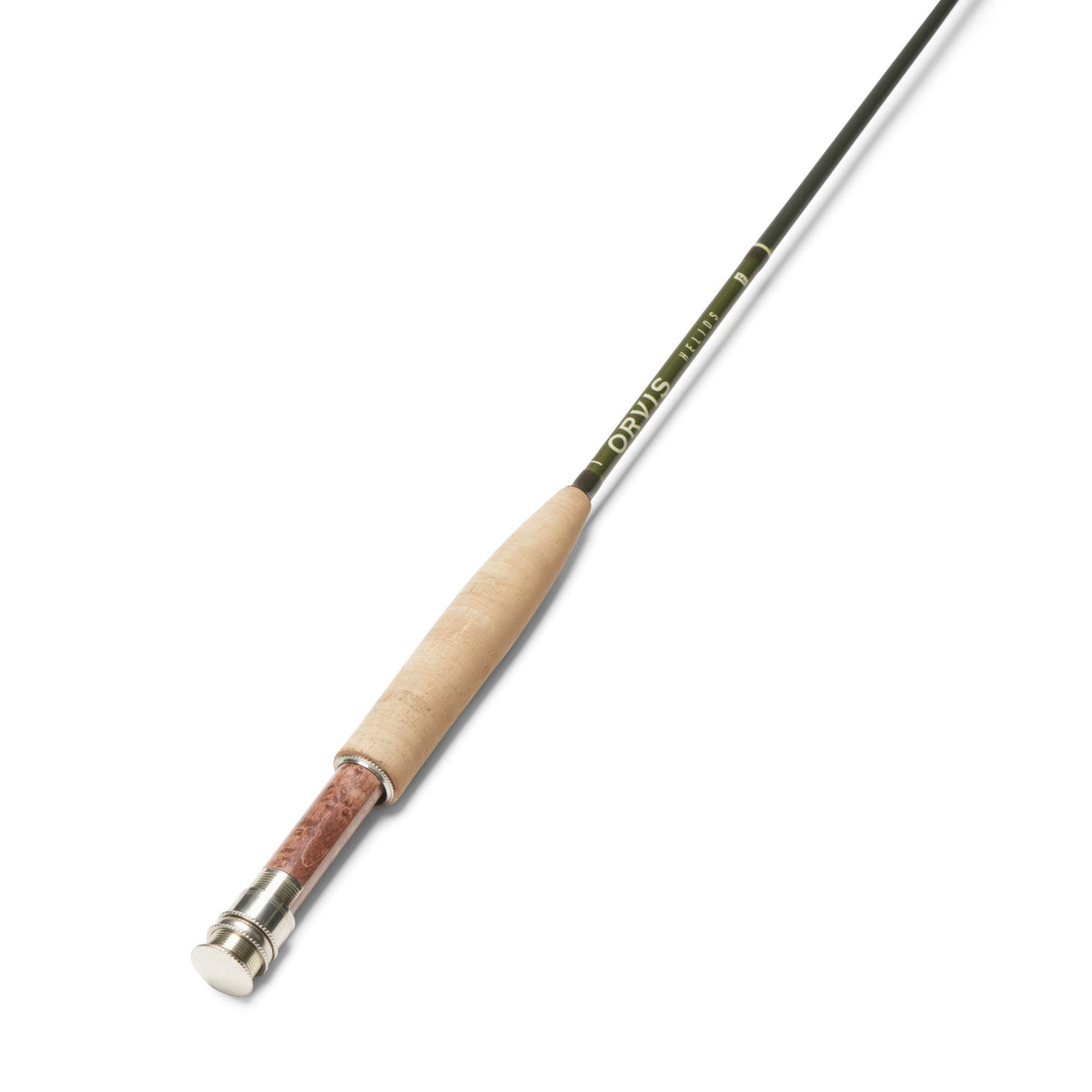 Orvis Helios F Rosenbauer Edition fly rod, olive blank with cigar cork grip, maple burl reel seat and nickel-silver hardware