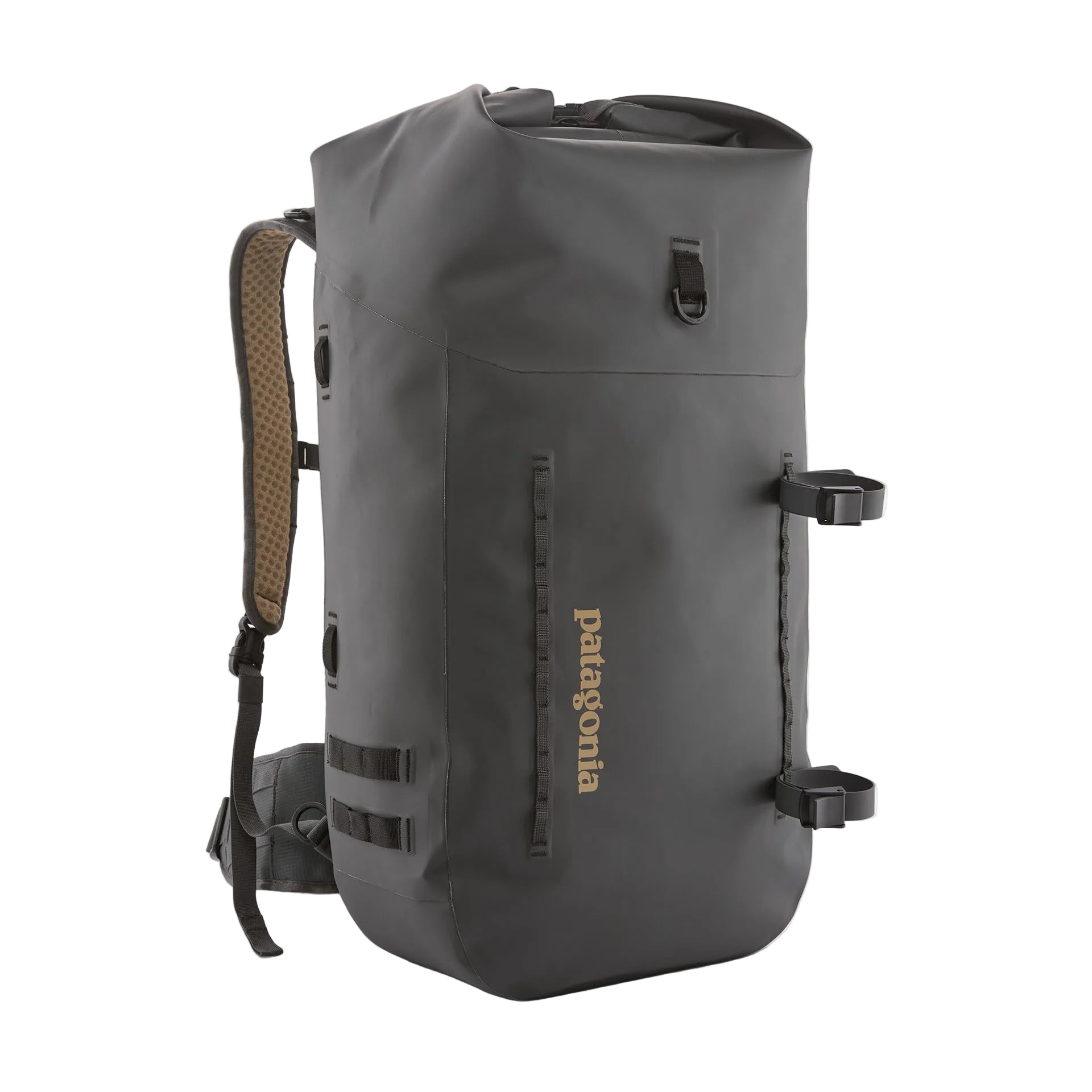 Charcoal Patagonia roll-top pack in waterproof tarpaulin fabric with padded honeycomb shoulder strap and gear loops