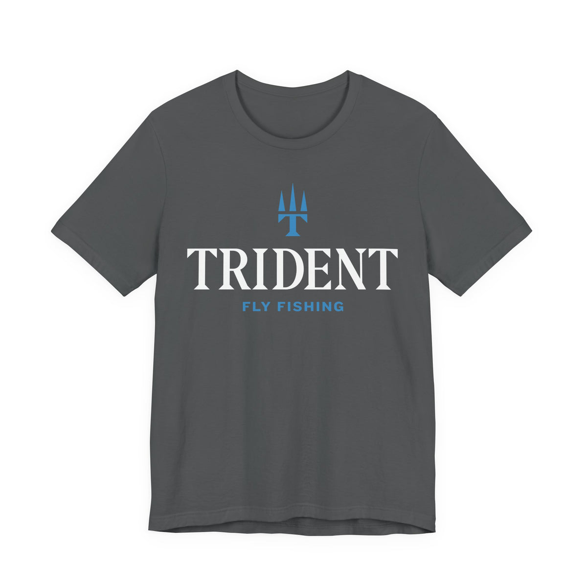 Dark gray unisex crew neck t-shirt with white TRIDENT wordmark, blue trident logo, and blue FLY FISHING text, flat lay on
