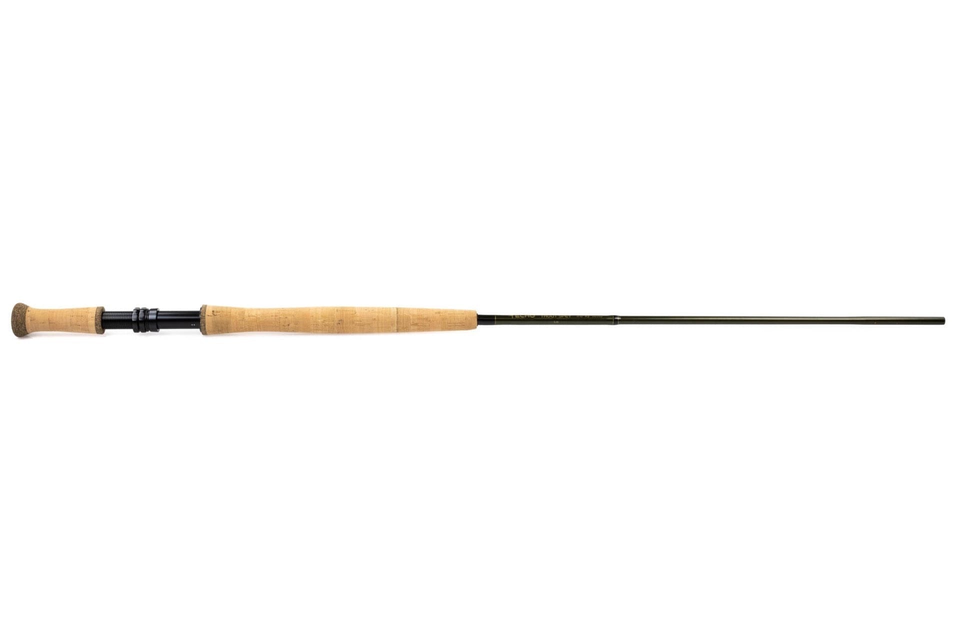 Echo Trout Spey fly rod with long cork handle, cork fighting butt and black reel seat on olive-green graphite blank