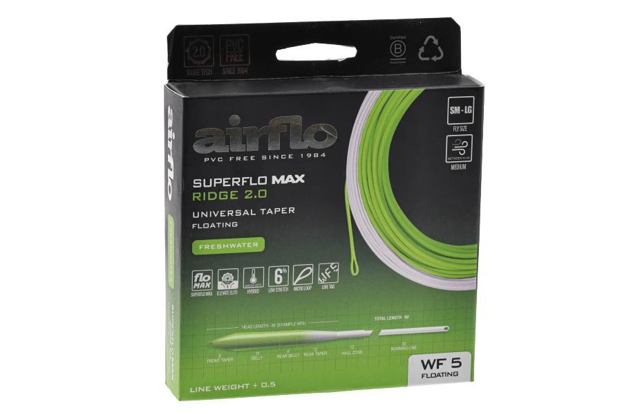 Airflo Superflo Max Ridge 2.0 floating fly line box, WF5 weight, green and white coils, freshwater universal taper