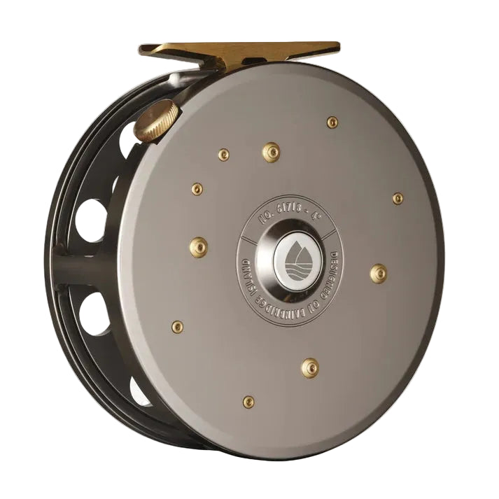 Redington Classic Spey fly reel in matte gunmetal aluminum with gold brass trim, large arbor vented spool