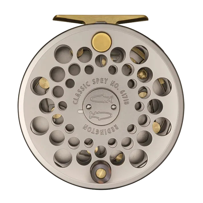 Redington Classic Spey fly reel matte silver aluminum with brass accents, vented spool and engraved fish logo