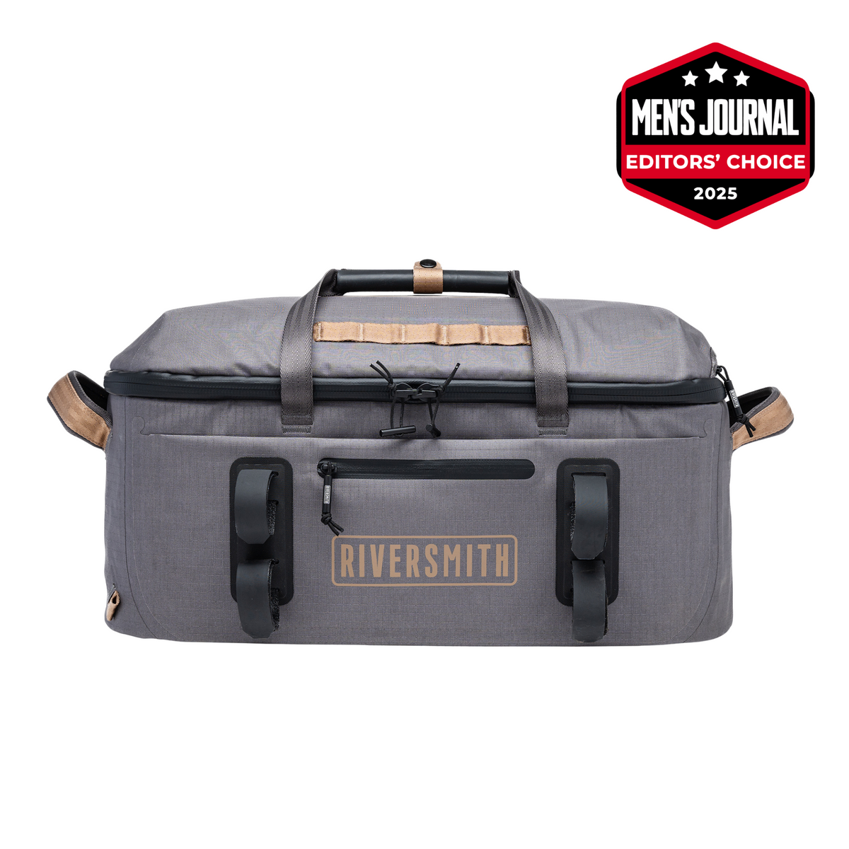 Riversmith waterproof duffel bag in gray with tan leather handles and black straps, featuring Men's Journal Editors' Choice