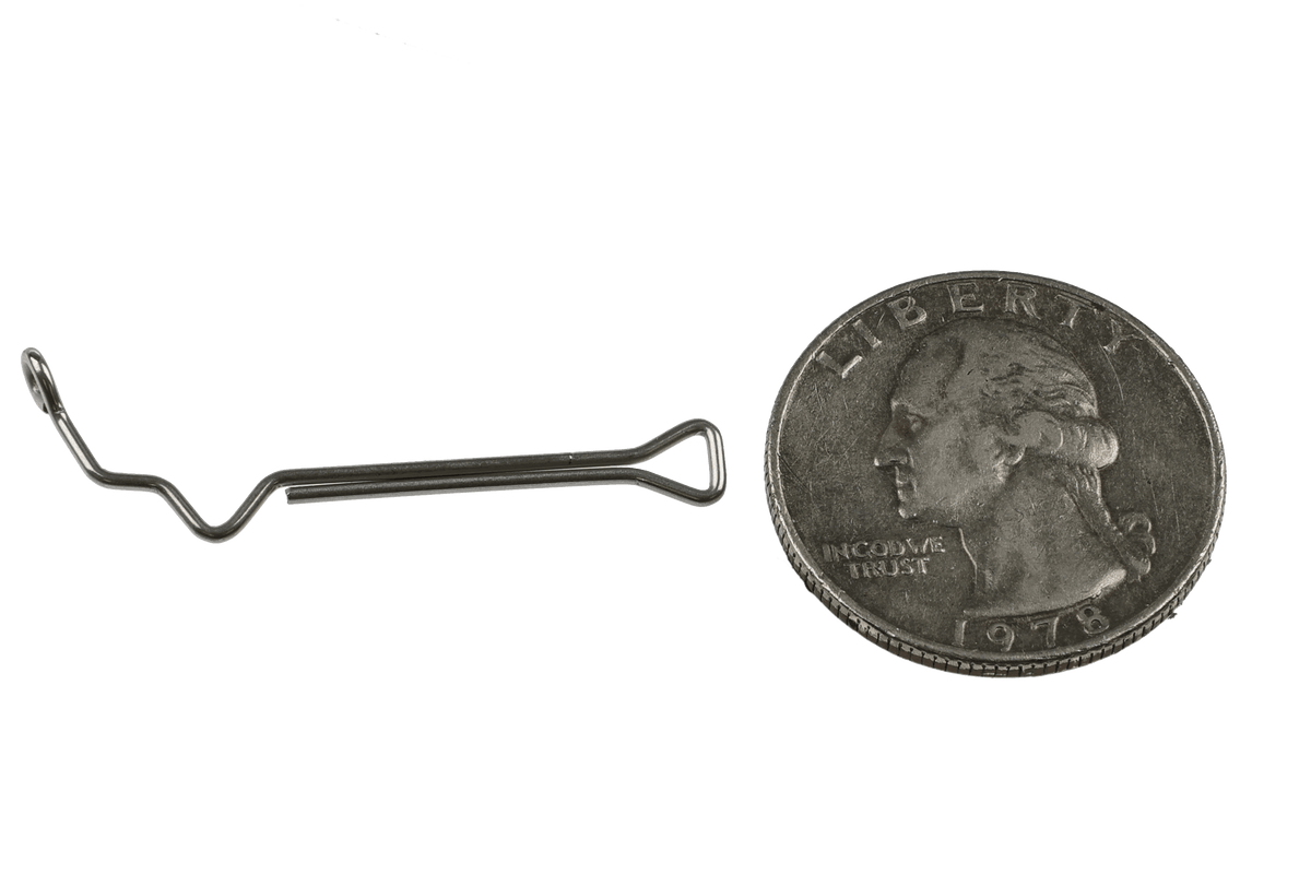 Silver stainless 60° articulated jig shank for fly tying, V-bent wire design shown next to quarter for scale