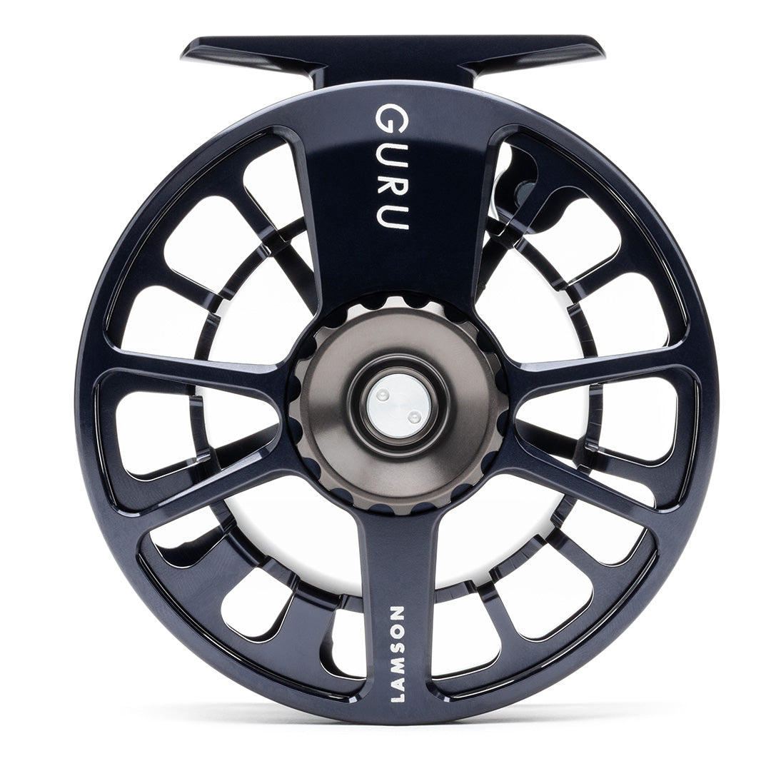 Lamson Guru X black fly reel with large arbor design and skeletal frame for saltwater and freshwater fishing