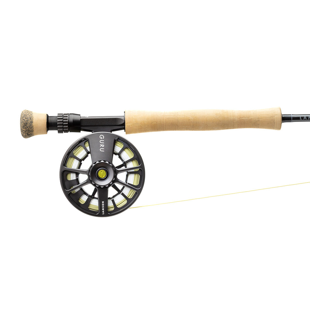 Lamson Guru black fly reel with cork handle and tan grip on graphite rod with yellow fly line
