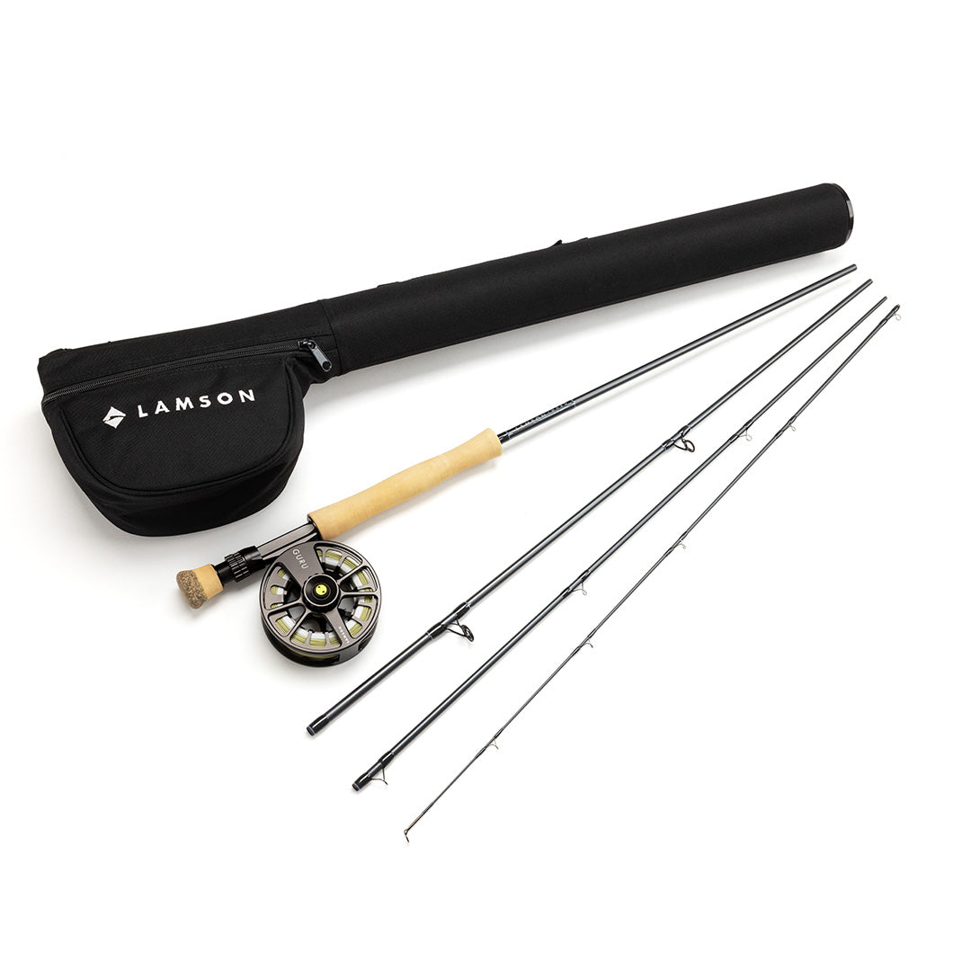 Lamson Guru fly rod outfit with black carrying case, cork handle, decorative reel, and four rod sections displayed on white