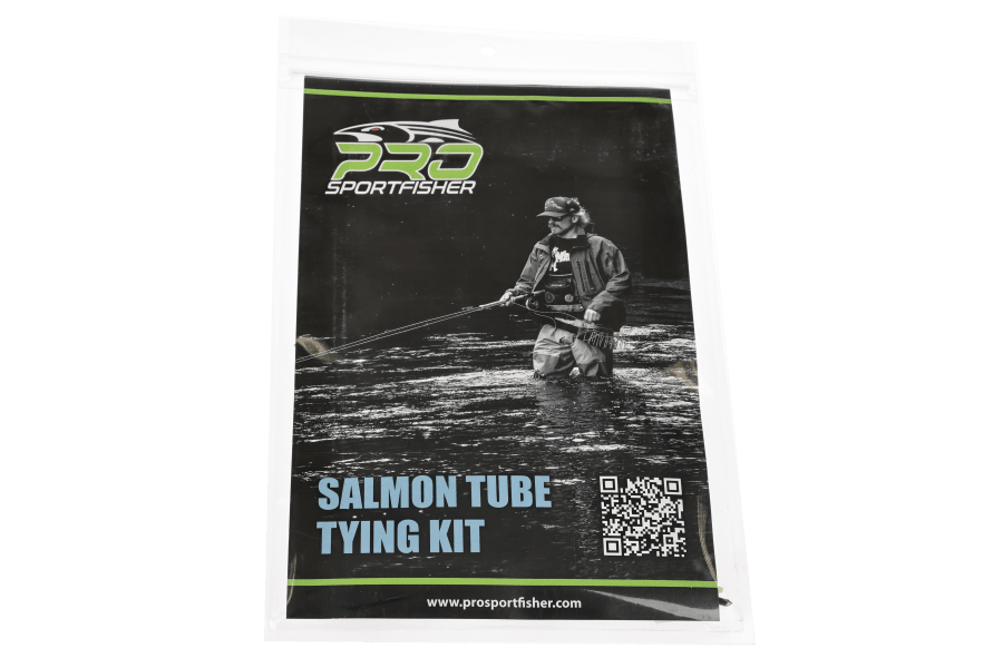 Pro Sportfisher salmon tube tying kit in clear sealed bag, black card showing an angler wading a river with fly rod