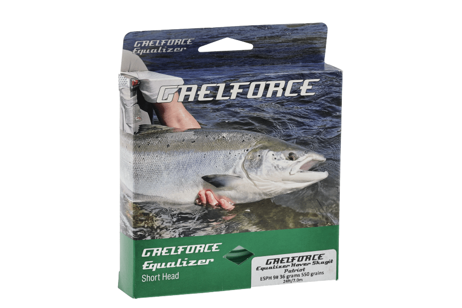 Gaelforce Equalizer short head fly fishing line box with a silver salmon leaping in water, green label panel, ESPH 9#