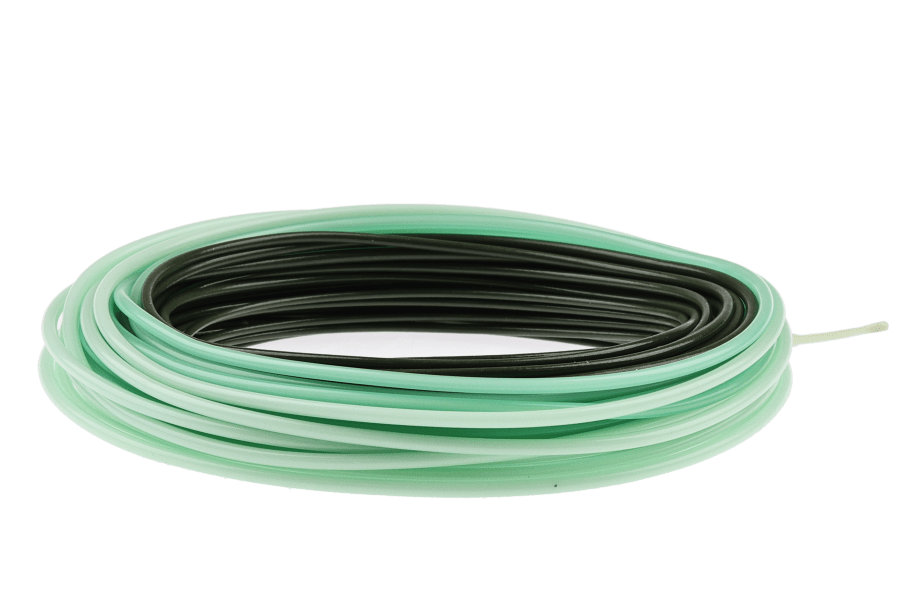 Coiled green and black Gaelforce ETD triple density fly fishing shooting head line on white background