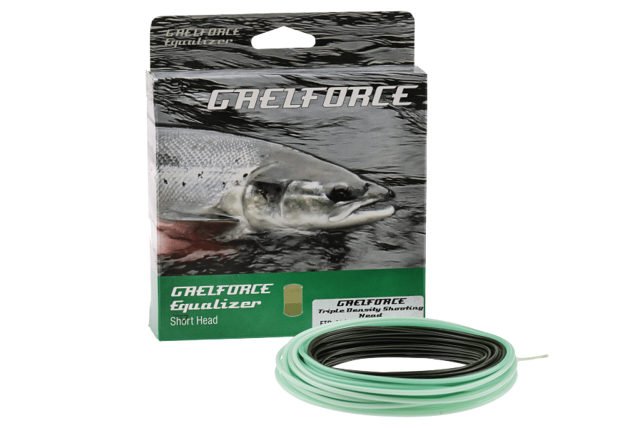 Gaelforce Equalizer short head triple density fly line coil, mint green and black, beside retail box with salmon