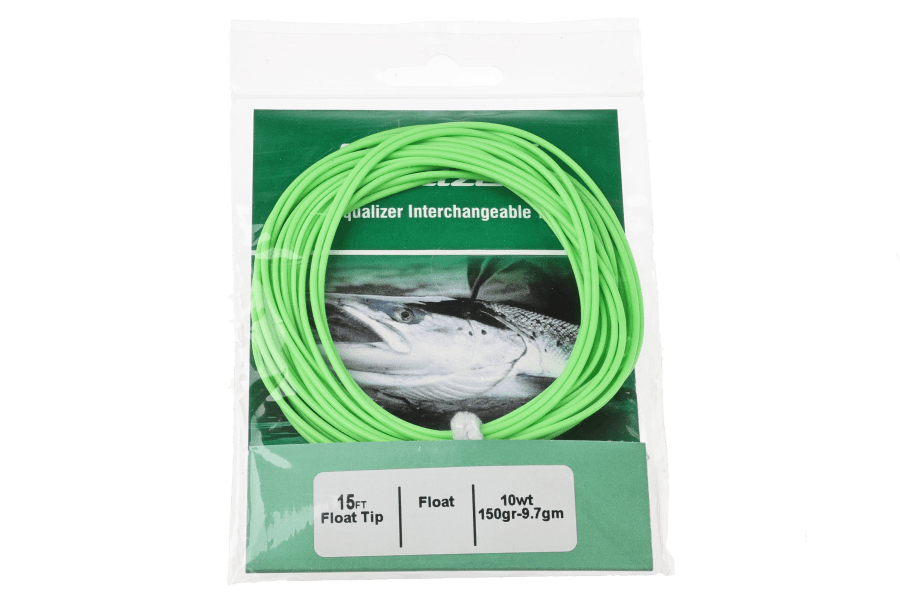Bright green 15ft float fly line tip coiled in clear packaging with Gaelforce Equalizer interchangeable tip label, 10wt 150gr