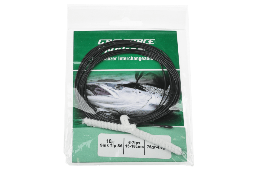 Gaelforce 10ft black sink tip fly line coiled in clear packaging with white fuzzy leader, green card showing silver fish