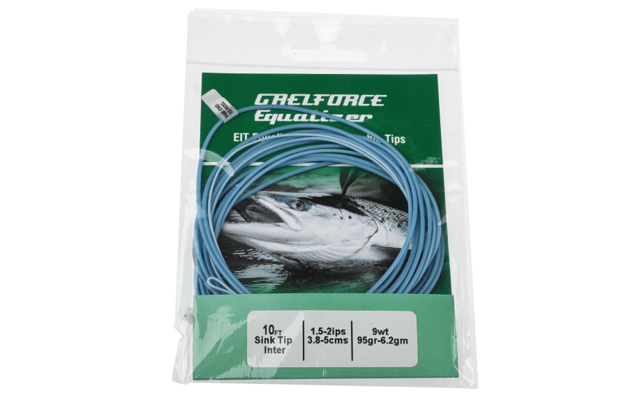 Gaelforce Equalizer 10ft blue sink tip fly line in clear packaging with green card showing a silver fish and 9wt specs