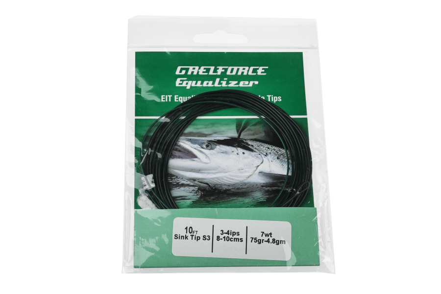 Gaelforce Equalizer 10ft black sink tip fly line in clear packaging with green card and fish graphic