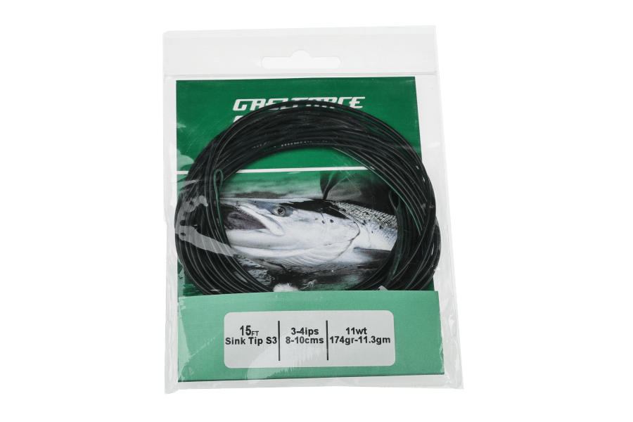 Gaelforce 15ft sink tip fly line packaged in clear plastic with green card, black coiled line, 11wt, 3-4ips