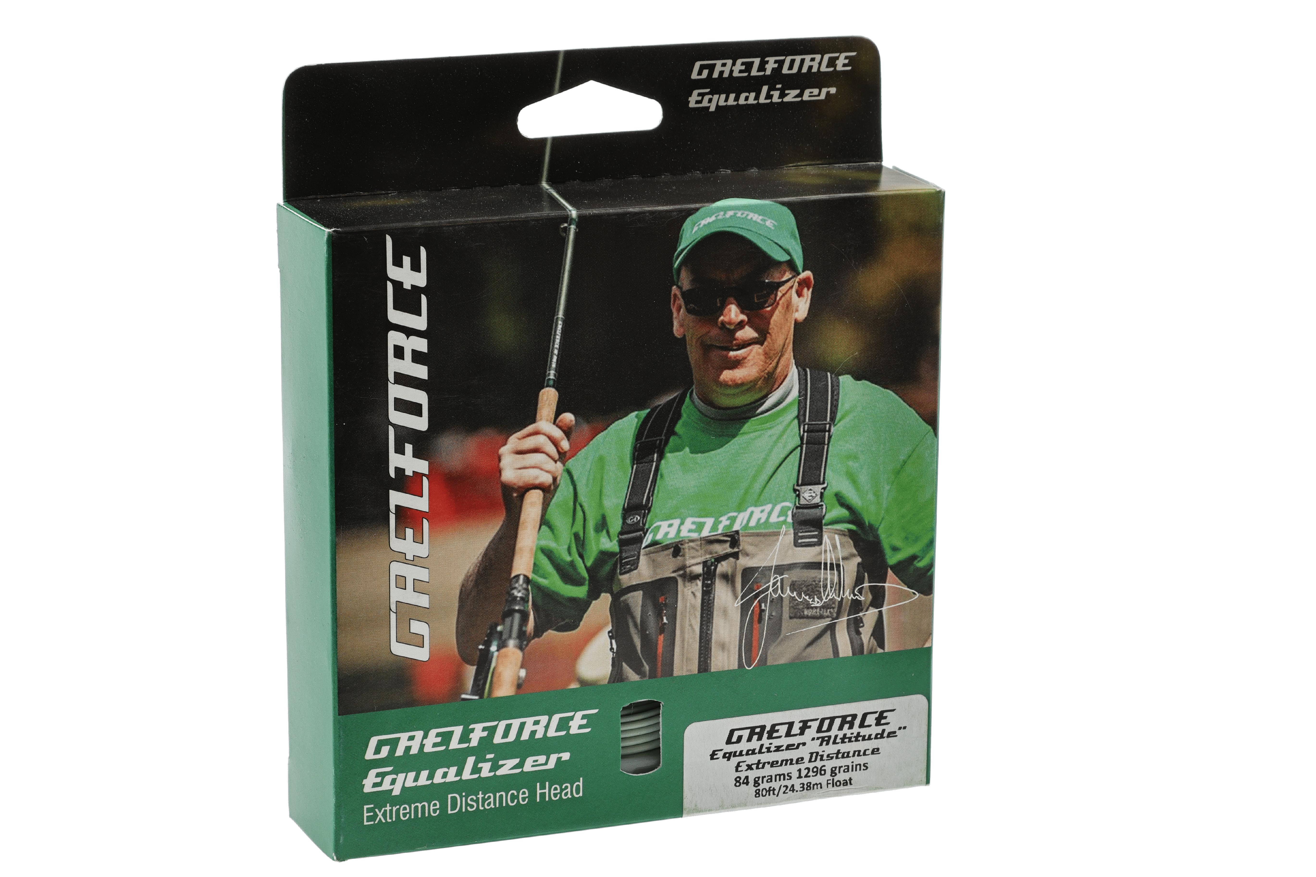 Gaelforce Equalizer Extreme Distance Head green cardboard box with angler photo, black top panel and fly line labeling