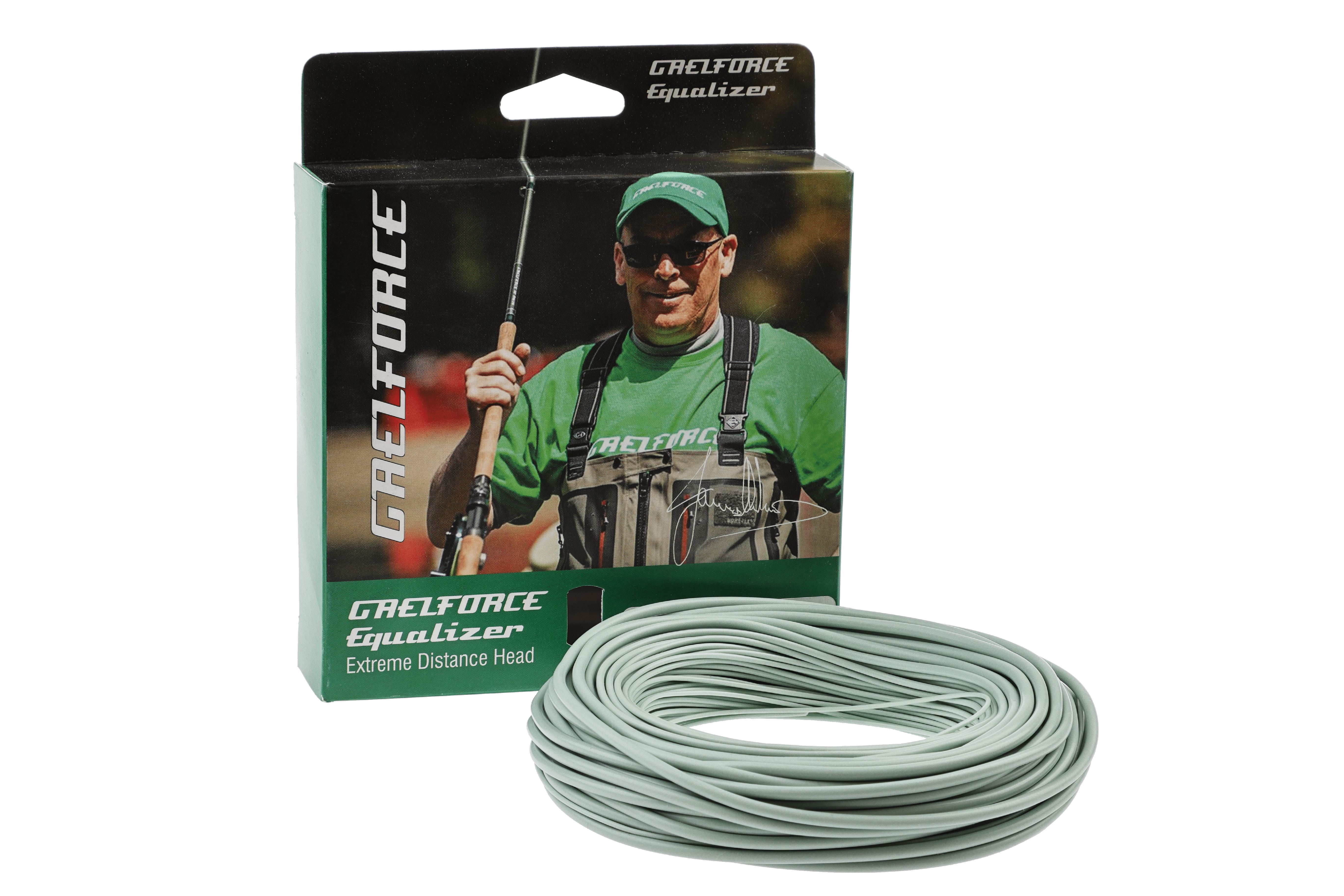 Pale sage coiled fly line beside Gaelforce Equalizer green box with angler graphic, extreme distance fly line head