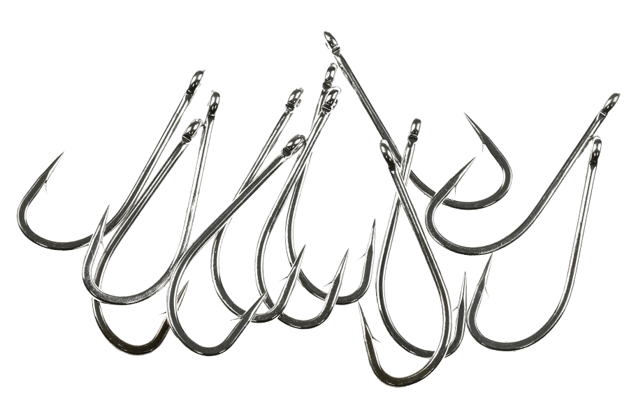 Silver Gamakatsu L11S-3H fly tying hooks with bronzed finish, long shanks, and sharp points arranged in a scattered group on