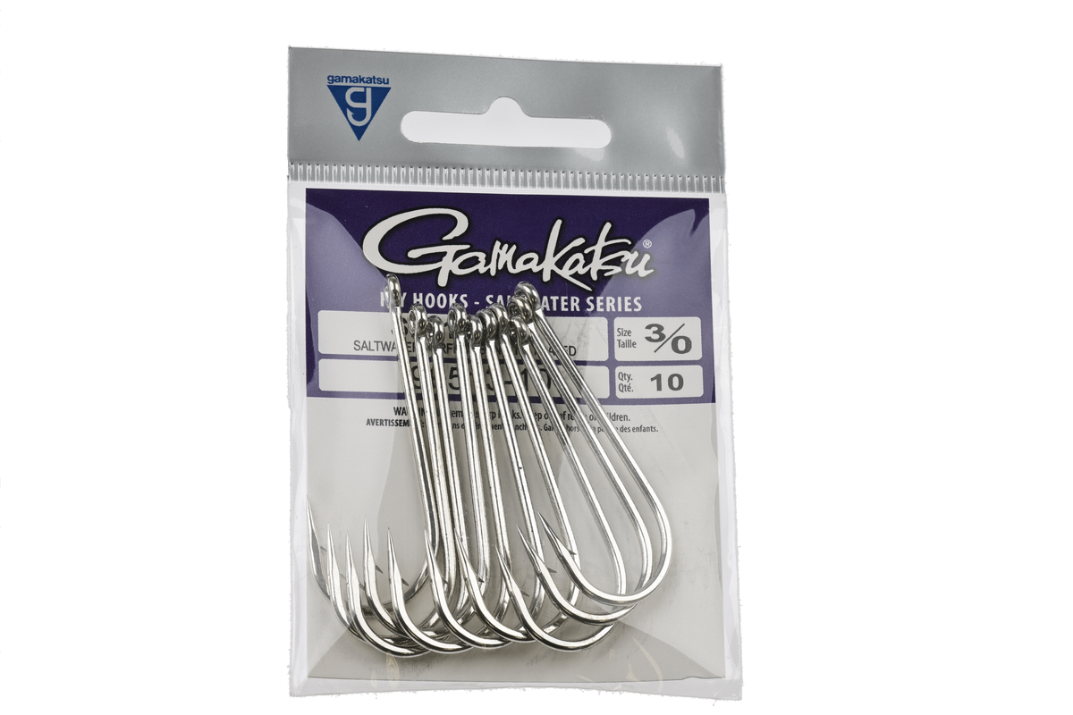 Gamakatsu Size 3/0 Saltwater Hooks - 10 Pack Silver Fishing Hooks for Saltwater Series