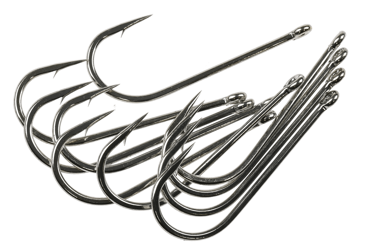 Gamakatsu SP113L3H Perfect Bend saltwater fishing hooks in stainless steel, displayed in various sizes