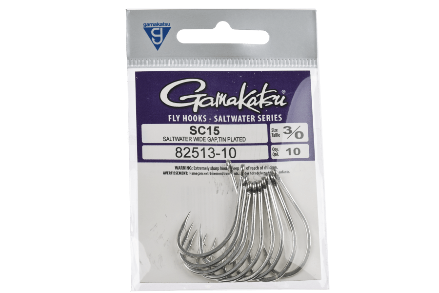 Gamakatsu SC15 saltwater wide gap tin plated fly fishing hooks size 3/0, pack of 10 silver hooks
