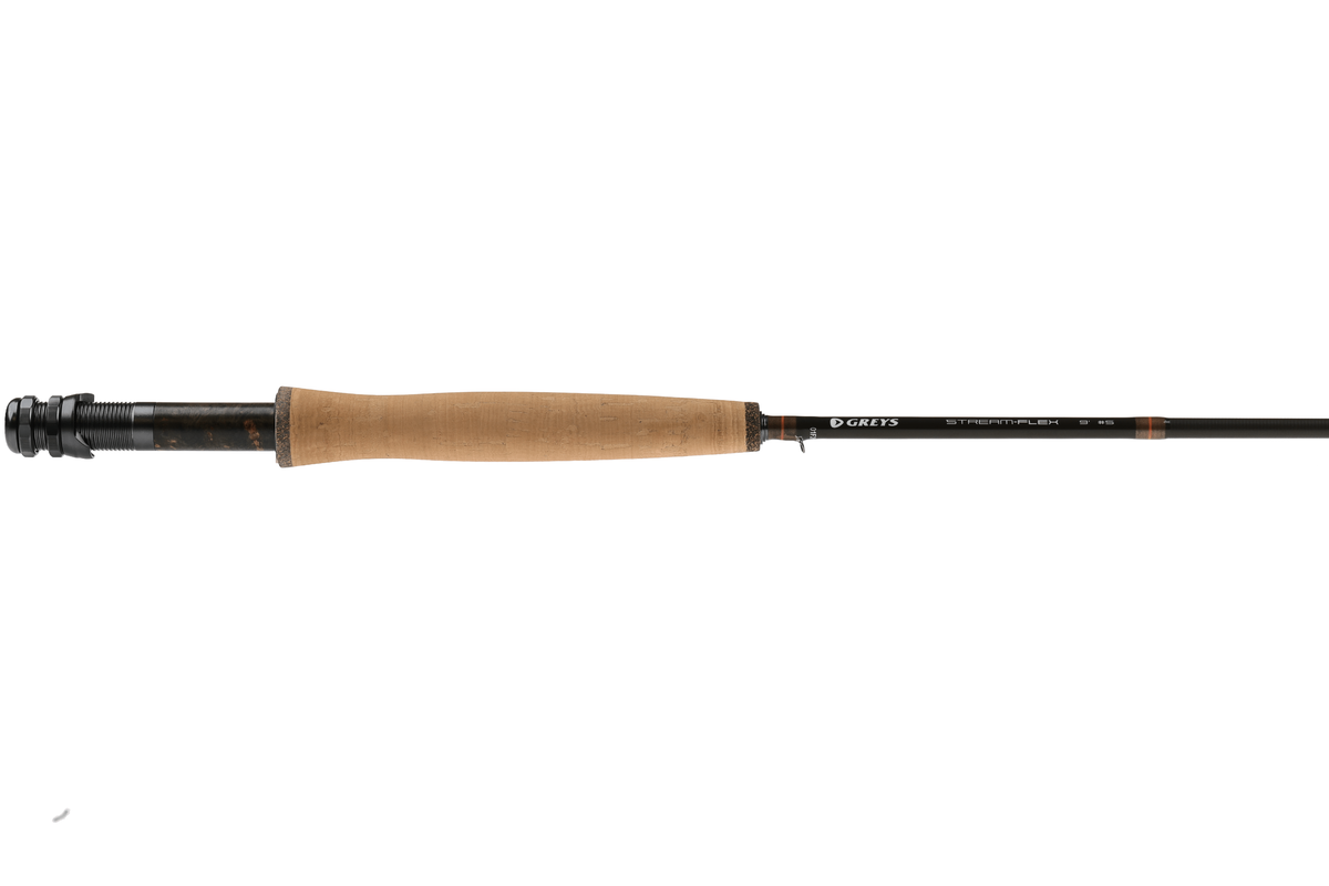 Greys Stream-Flex fly rod with cork handle and black graphite blank, professional fishing equipment displayed on white