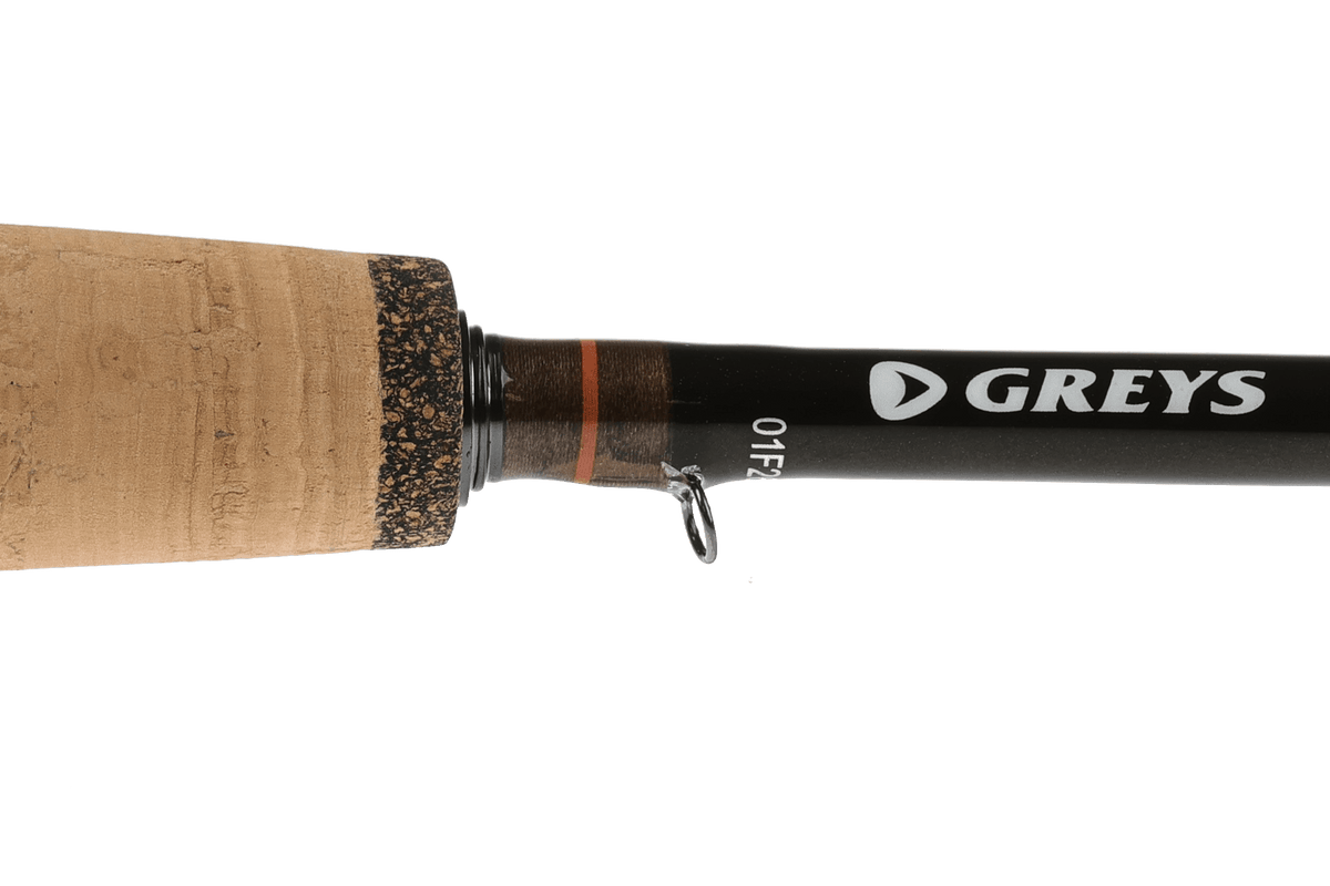 Greys Stream-Flex fly rod with cork handle and black graphite shaft, featuring red accent wrapping and silver logo detail