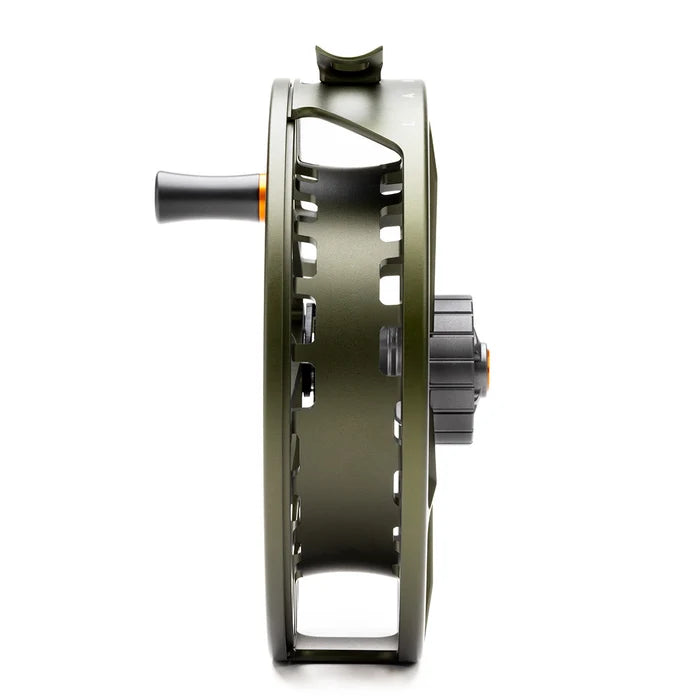 Lamson Hyperspeed F sage green fly reel with black handle and spool, side view showing machined aluminum construction and