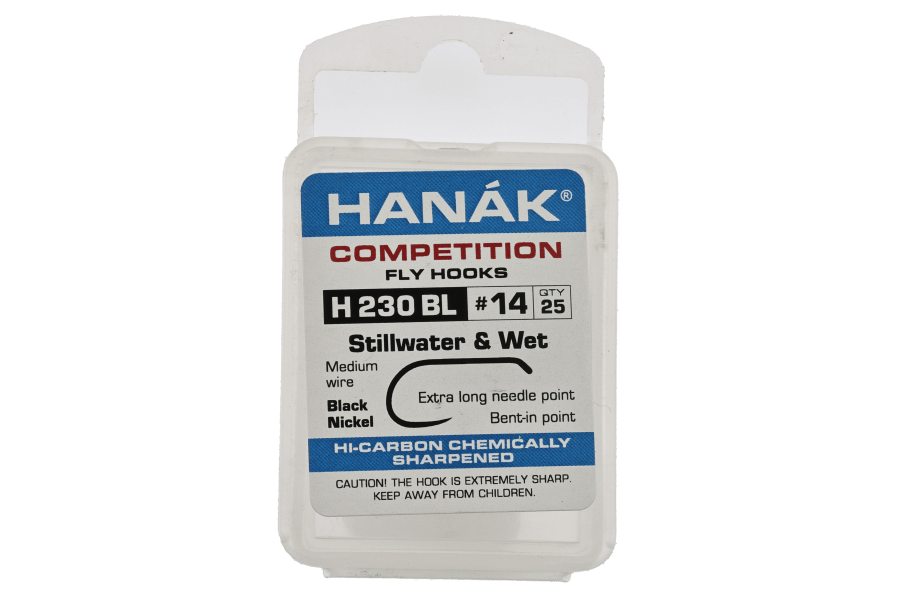 Hanak H 230 BL #14 fly hooks in clear plastic packaging with blue and red label, black nickel finish, stillwater and wet fly