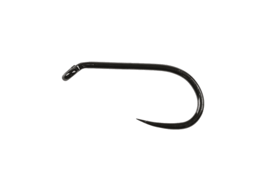 Black Hanak 230BL fly tying hook with curved shank, turned-down eye, and sharp point on white background