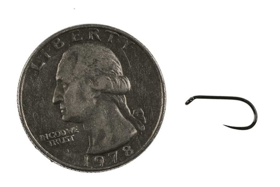 Black Hanak 230BL fly tying hook beside a 1978 Washington quarter for scale, showing the curved wet fly shank and fine point.