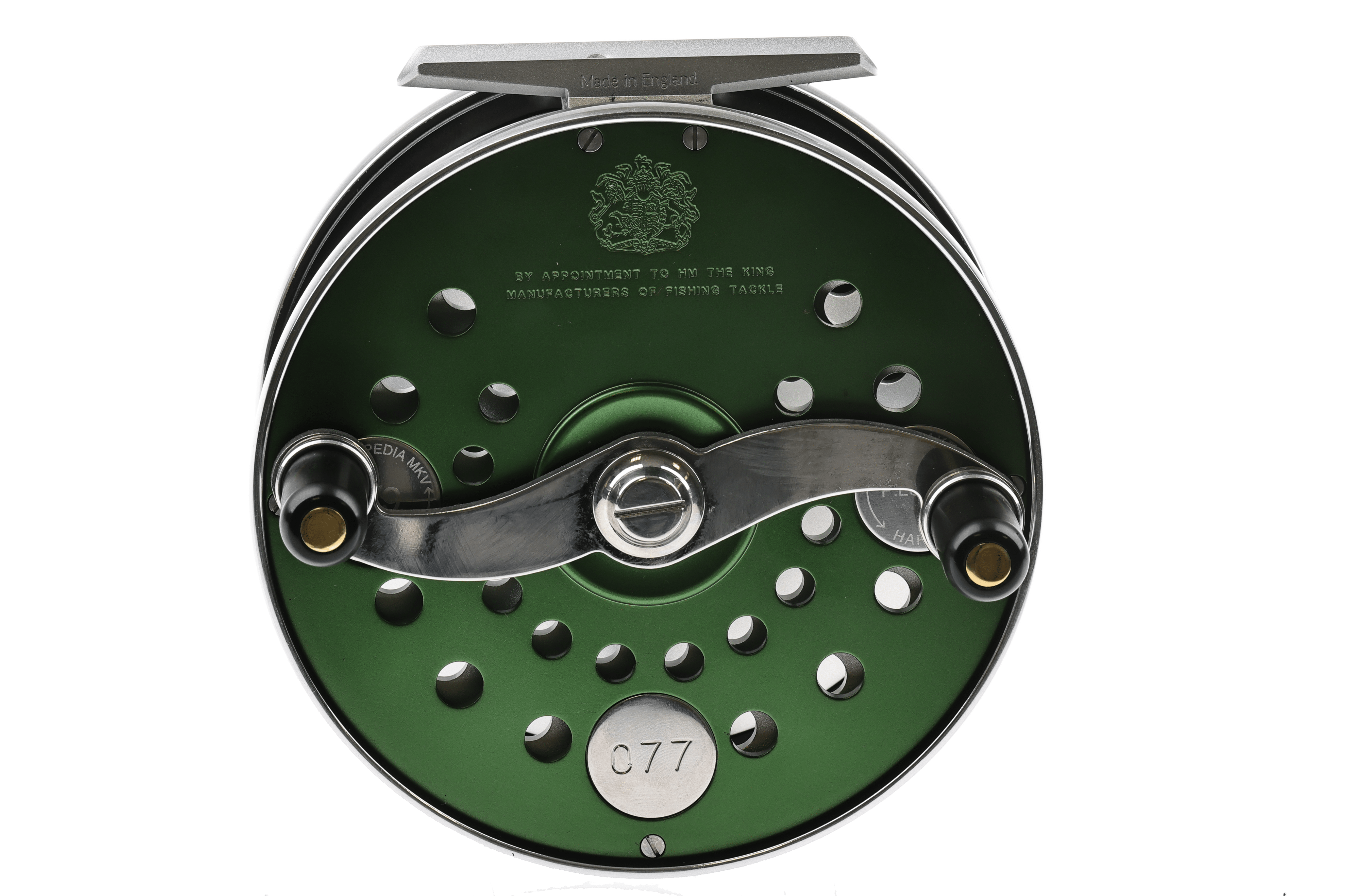 Hardy green anodized aluminum fly reel with polished chrome handle, perforated spool, engraved crest and C77 badge