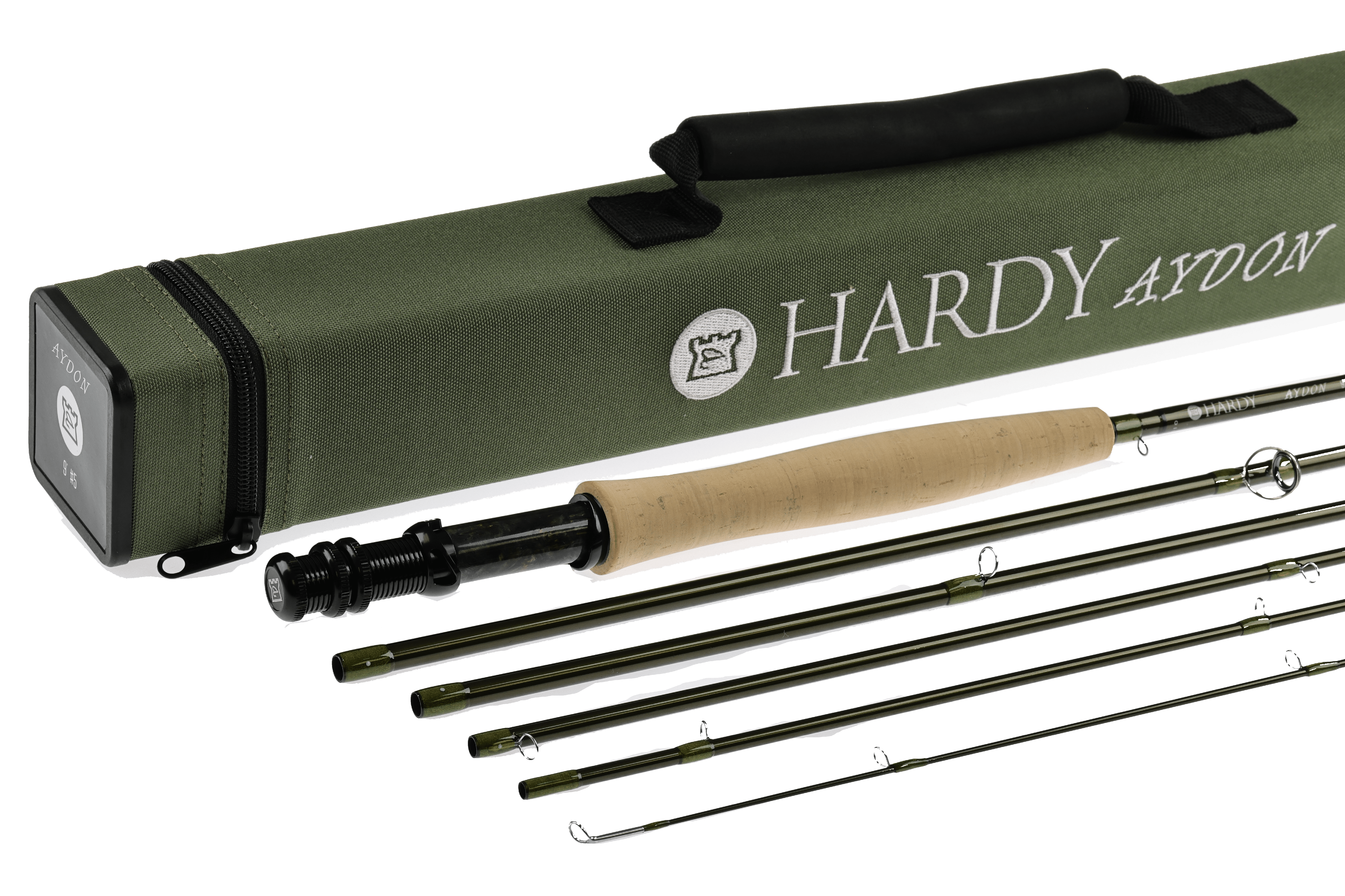 Hardy Aydon fly rod with cork handle, olive green cloth case, and four graphite rod sections displayed against white