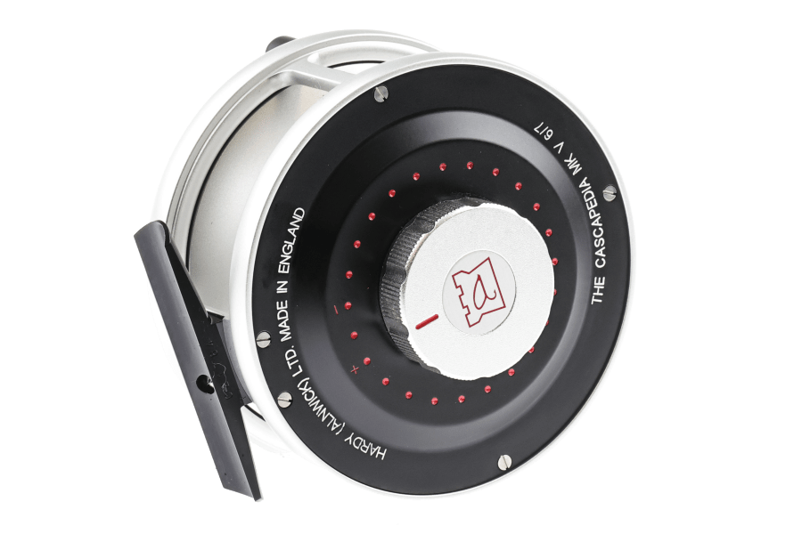 Hardy Cascapedia MkV fly reel in silver and black with red dot detents, featuring English-made construction and precision