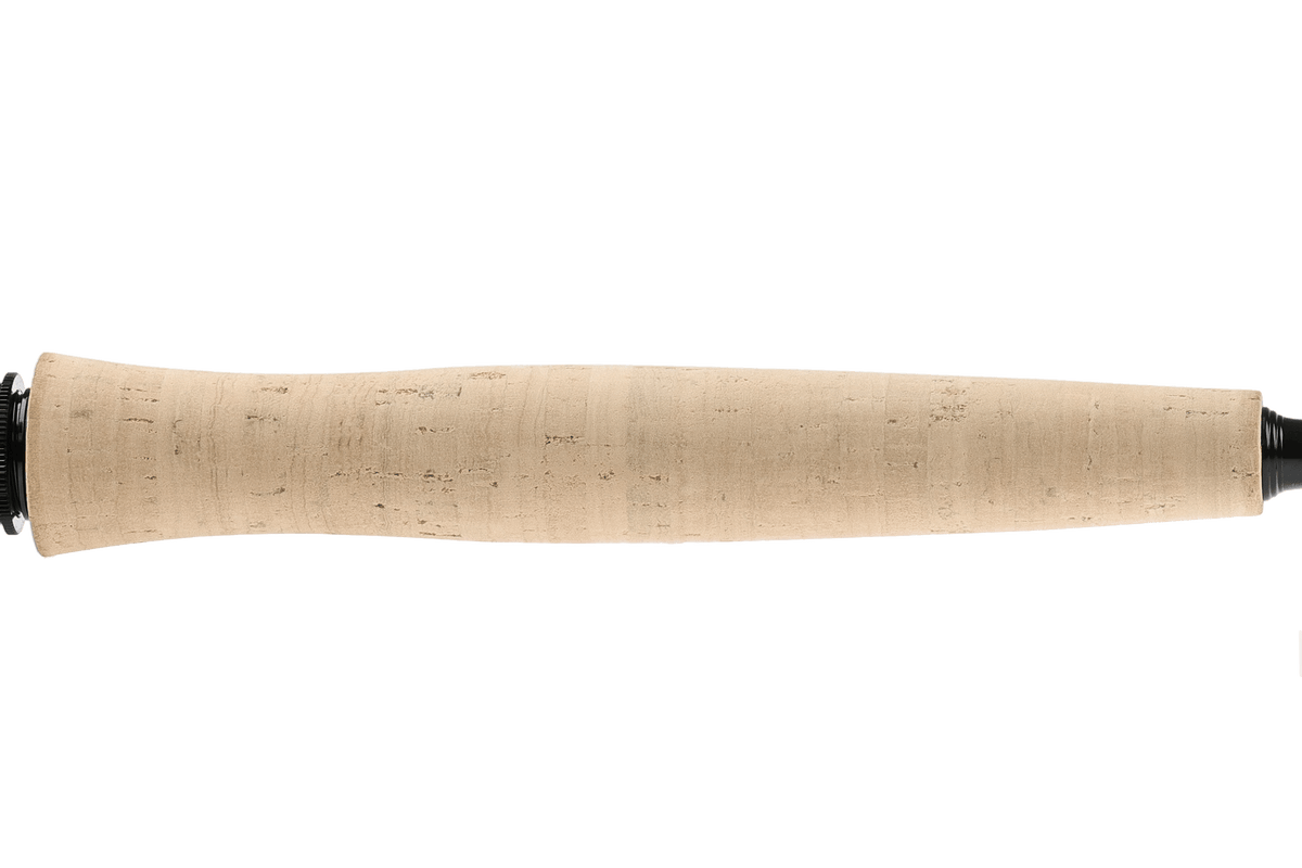 Hardy Tactus Dry Fly Rod cork handle with black reel seat ferrule on white background
