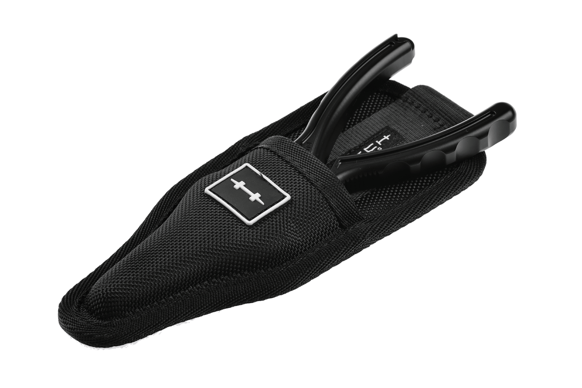 Hatch Nomad 2 black fishing pliers in neoprene protective sheath with white logo patch