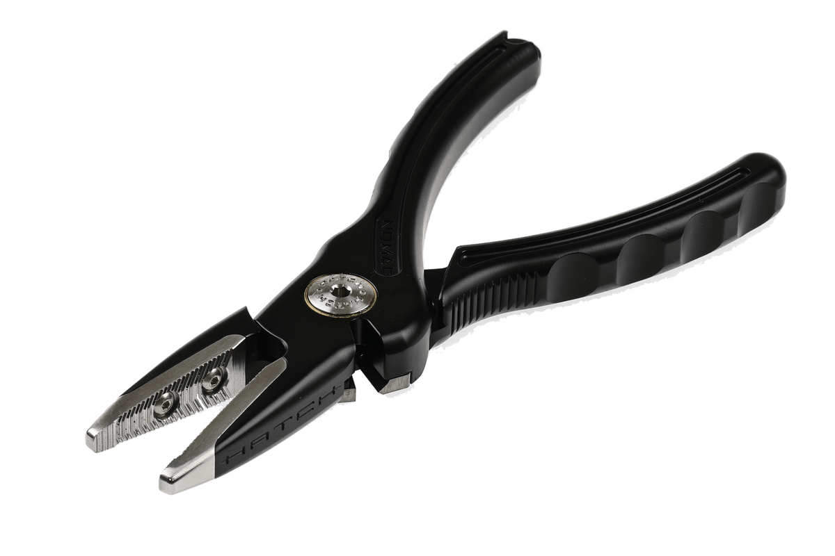 Hatch Nomad 2 black fishing pliers with stainless steel serrated jaws and ergonomic grip handles