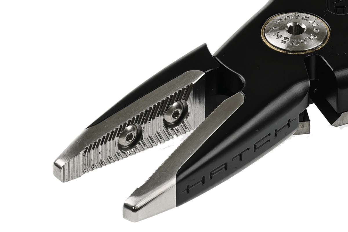 Hatch Nomad 2 fishing pliers with stainless steel jaws and black handles, displayed against white background
