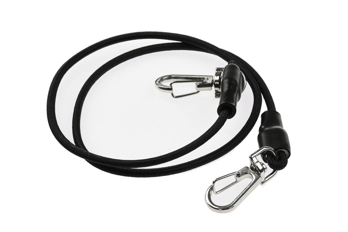 Black fishing lanyard with carabiners and retractable cord for secure tool attachment