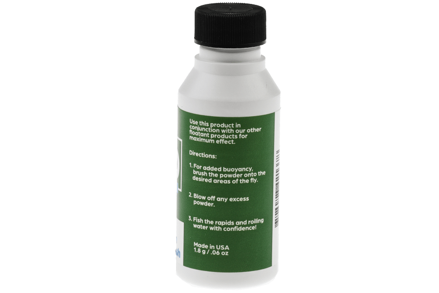 High N Dry powder floatant bottle with black cap and green label, directions for fly fishing use, 1.8 g net weight.