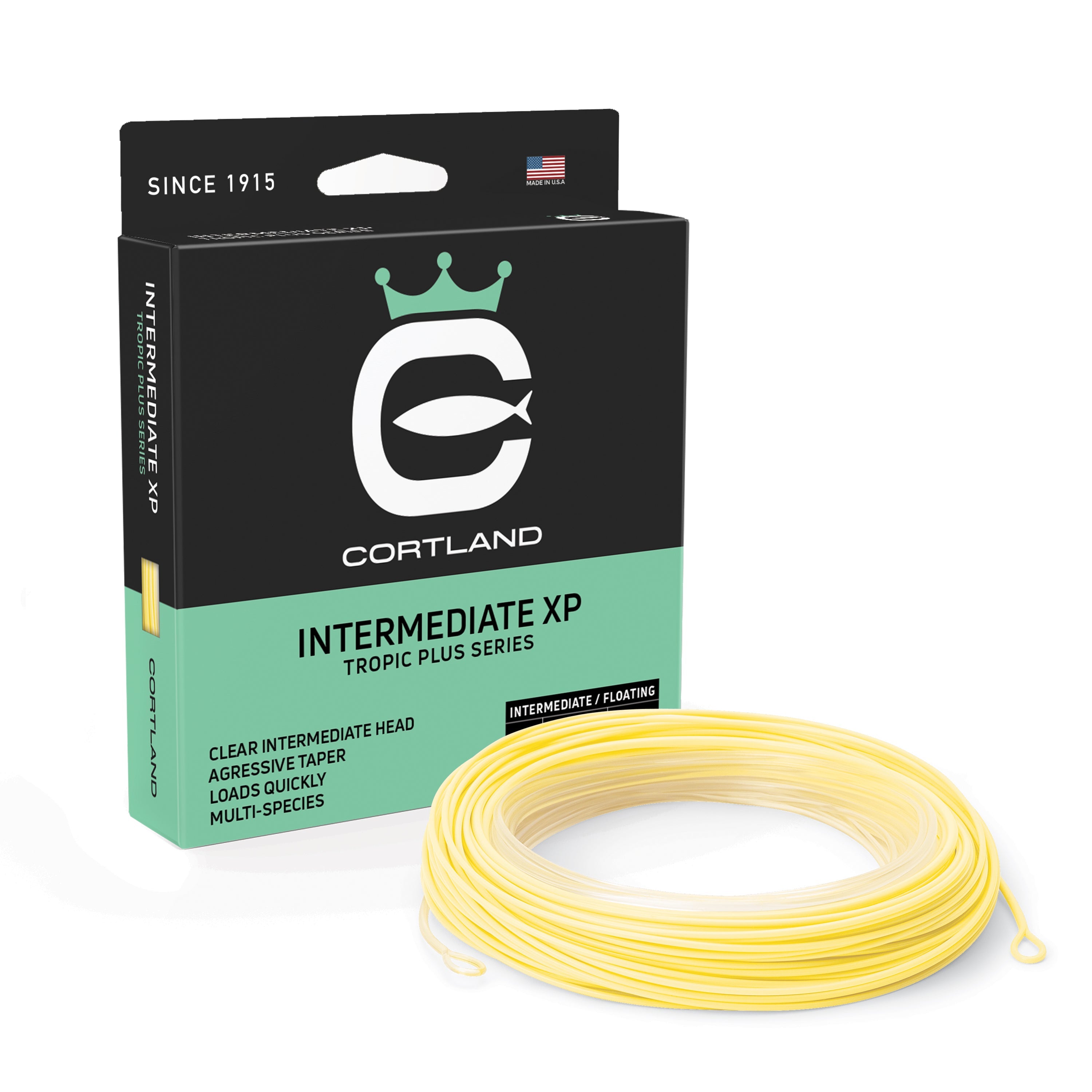 Cortland Tropic Plus Intermediate XP Fly Line coiled in its packaging box