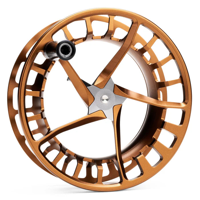Bronze anodized machined aluminum Lamson Litespeed F spare spool, skeletonized large-arbor fly reel spool with five-arm hub