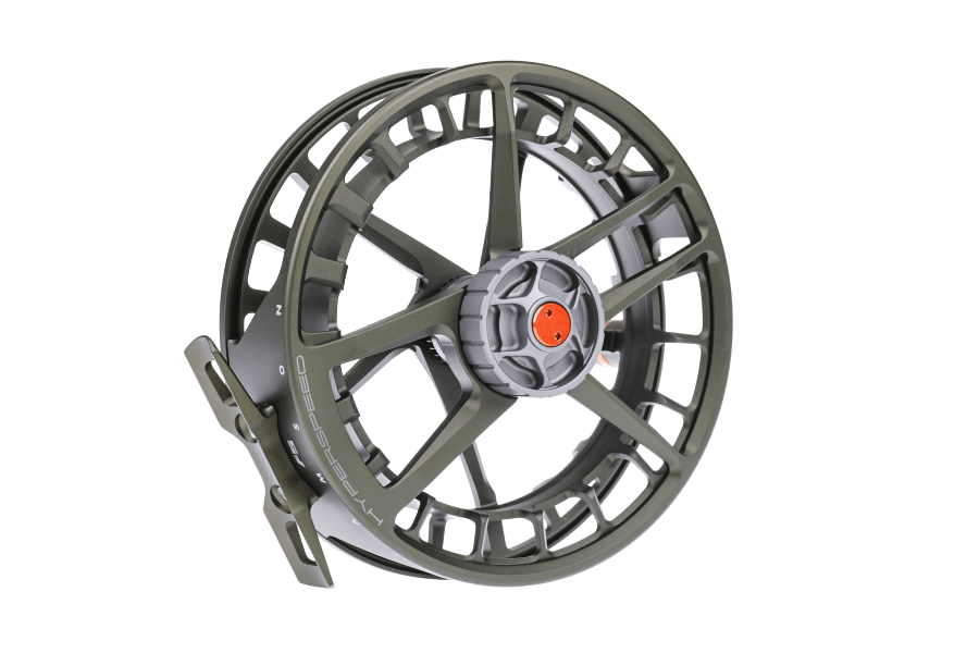 Lamson Hyperspeed F graphite fly reel with orange arbor knob and large arbor design for freshwater fishing