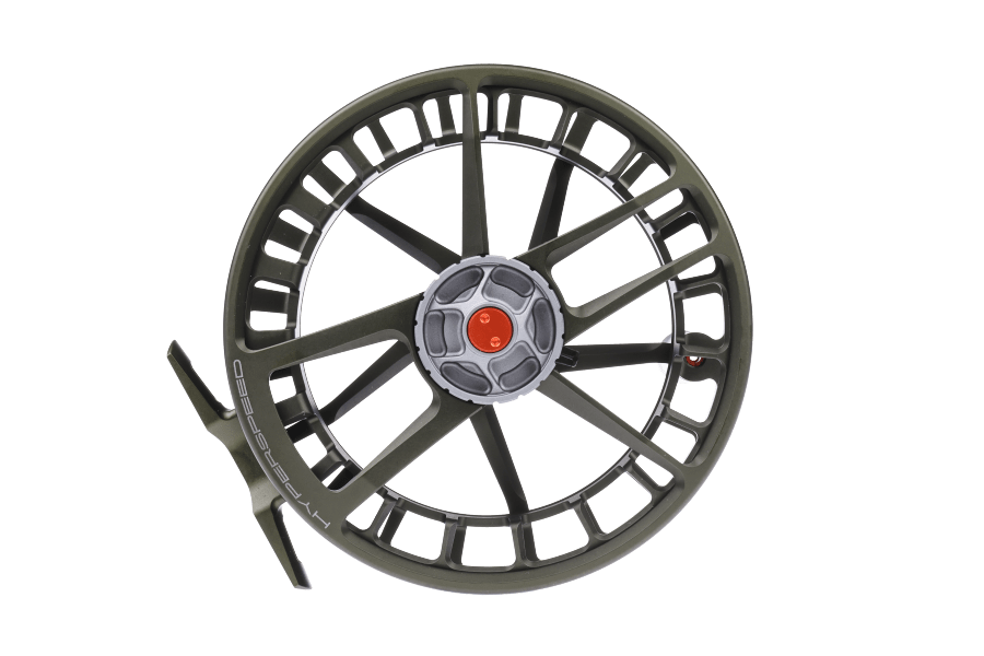 Lamson Hyperspeed F fly reel with dark olive frame, skeletal design, and red center arbor knob for freshwater fishing